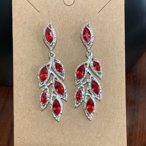 Silver tone red rhinestone earrings